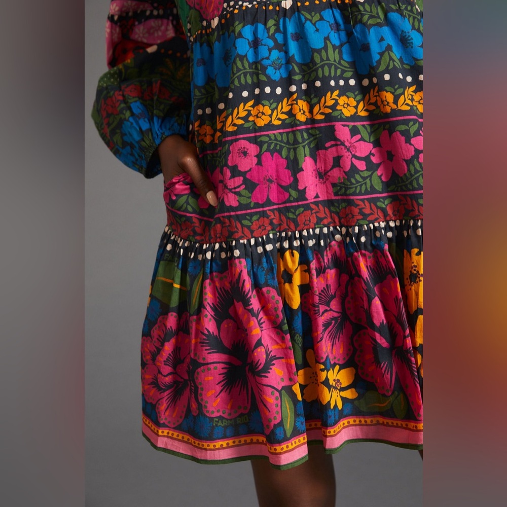 Farm Rio for Anthropologie Bright Floral Tunic Mini Dress Size Small Retail $190 - Picture 4 of 16
